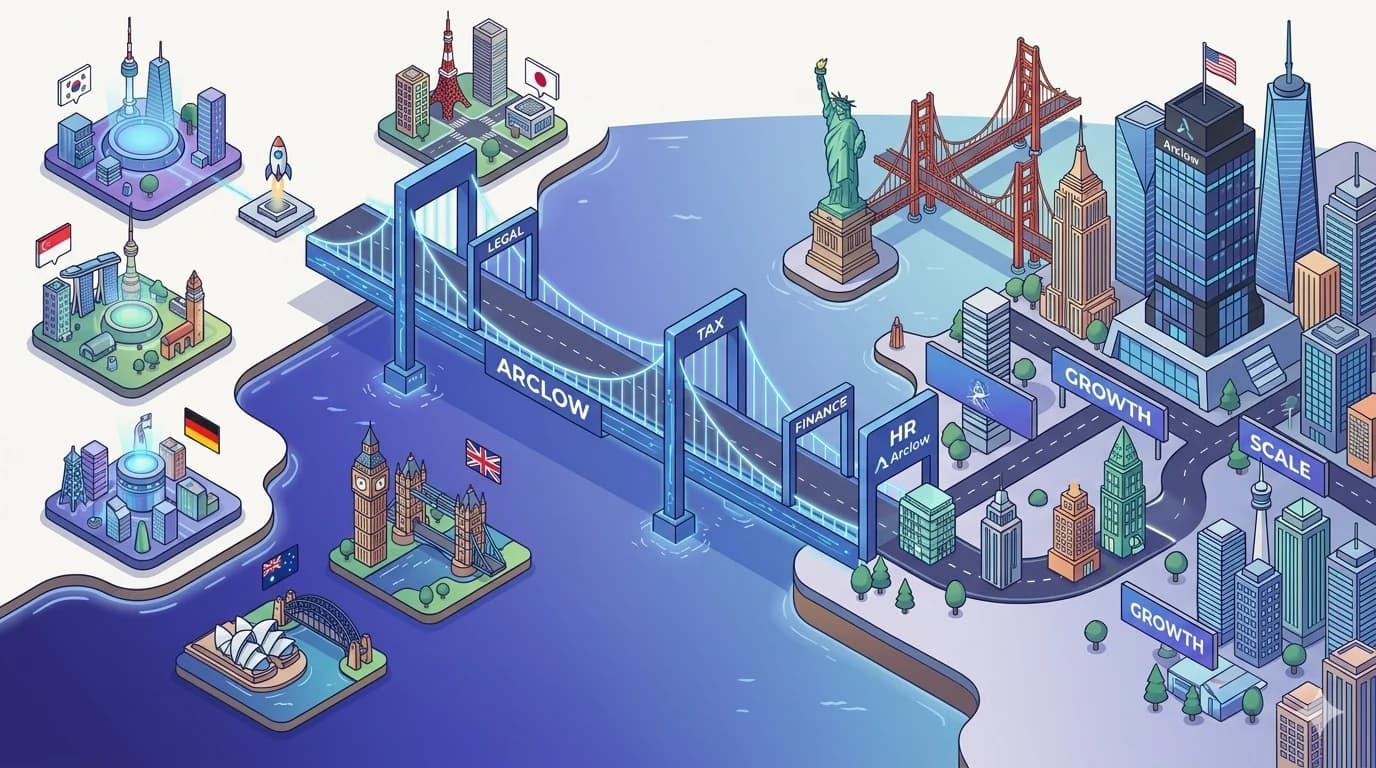 Arclow: a global bridge connecting international founders to the US — Korea, Japan, Singapore, Germany, UK, Australia routed through Arclow to a US cityscape